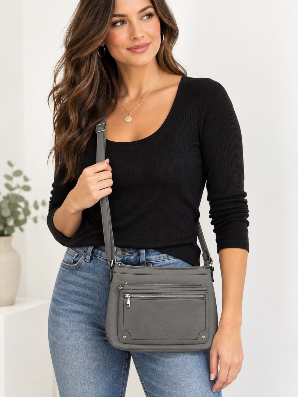 EUC Relic Gray Multi Pocket Crossbody Bag Silver Hardware
